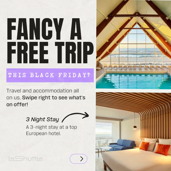 An example of our paid social activity - Promotional post offering a free 3-night stay at a top European hotel