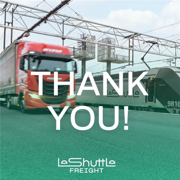 Paid Social example - Red truck and Le Shuttle train on parallel tracks with overlaid text saying 'THANK YOU!' and Le Shuttle Freight logo.