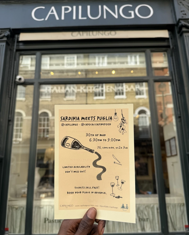 Hand holding a promotional invite for the Sardinia Meets Puglia event at Capilungo Italian Kitchen Bar in London, illustrating Kith&Kind’s guaranteed press and launch events strategy for the restaurant sector.
