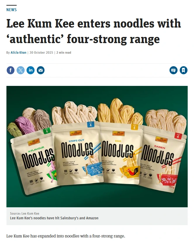 Lee Kum Kee noodles launch coverage securing guaranteed media placement in UK trade press, demonstrating expert Core Press Office and media relations for FMCG food brands.