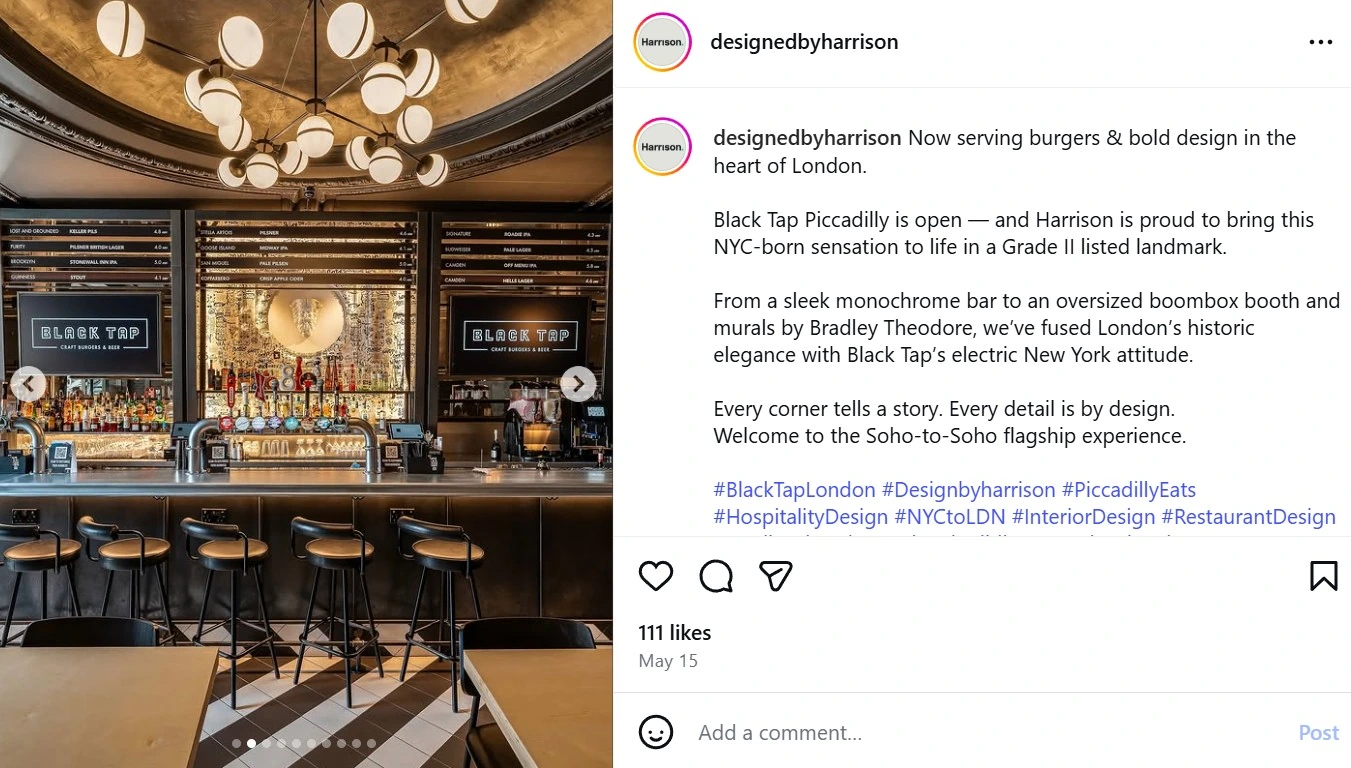 Harrison restaurant design client social media management showcasing interior design project Black Tap Piccadilly, demonstrating scroll-stopping organic B2B content creation on Instagram and digital profile authority.