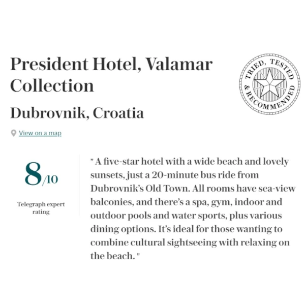 Telegraph expert review for Valamar Collection's President Hotel showcasing a guaranteed media placement next to Kith&Kind PR's Core press office and media relations service description
