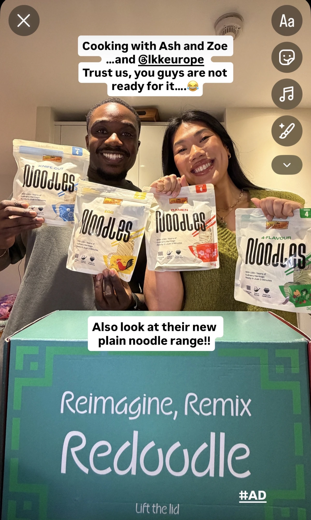 "Influencers Ash and Zoe holding Lee Kum Kee noodle packs above a branded box, illustrating Kith&Kind PR’s influencer marketing and UGC services that drive authentic engagement.