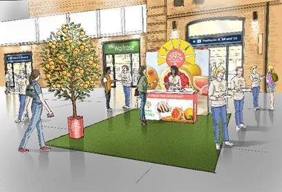 A creative Florida Grapefruit pop-up featuring a replica tree at King's Cross Station, showcasing Kith&Kind PR’s experiential activations with guaranteed media exposure.