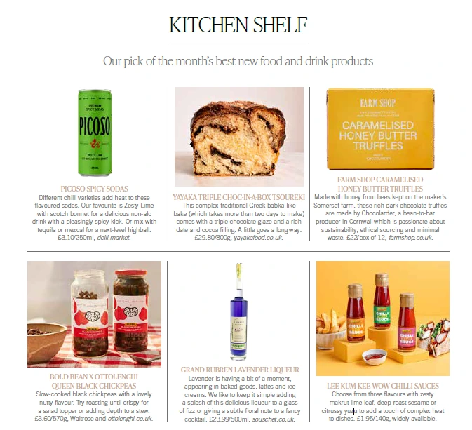 A magazine feature showcasing 'best new food and drink products' including Lee Kum Kee sauces, representing Kith&Kind PR’s guaranteed consumer and trade media relations.