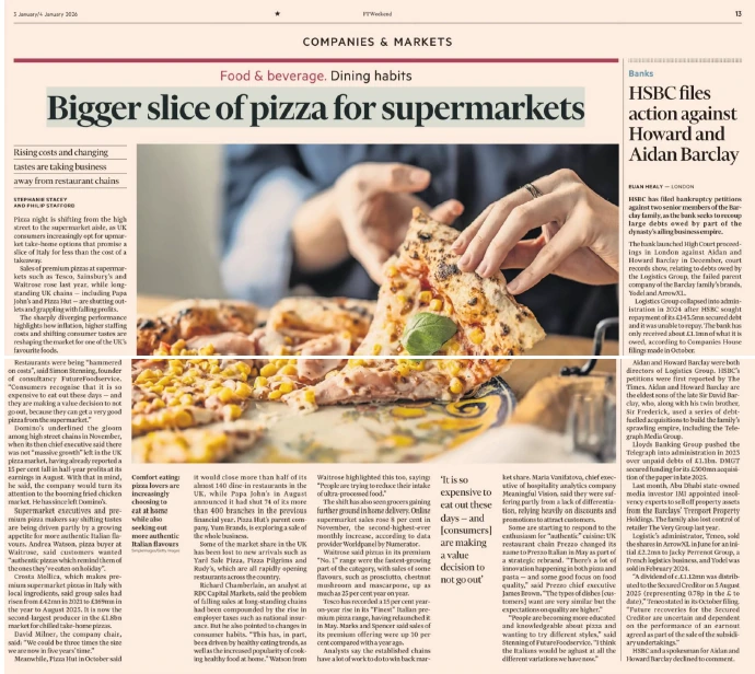 A national newspaper feature titled ‘Bigger slice of pizza for supermarkets’, illustrating Kith&Kind PR’s guaranteed corporate profiling and thought leadership for food industry leaders.