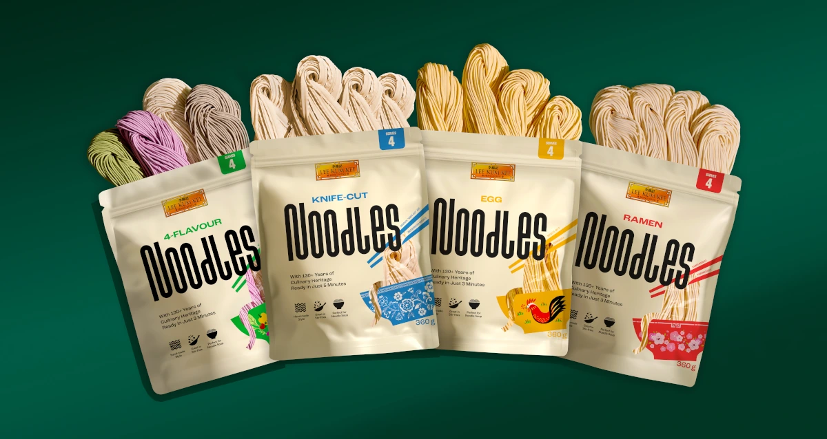 A range of Lee Kum Kee noodle packs featuring 4-Flavour, Knife-Cut, Egg, and Ramen variants, showcasing Kith&Kind PR’s guaranteed product launch and creative activation services.
