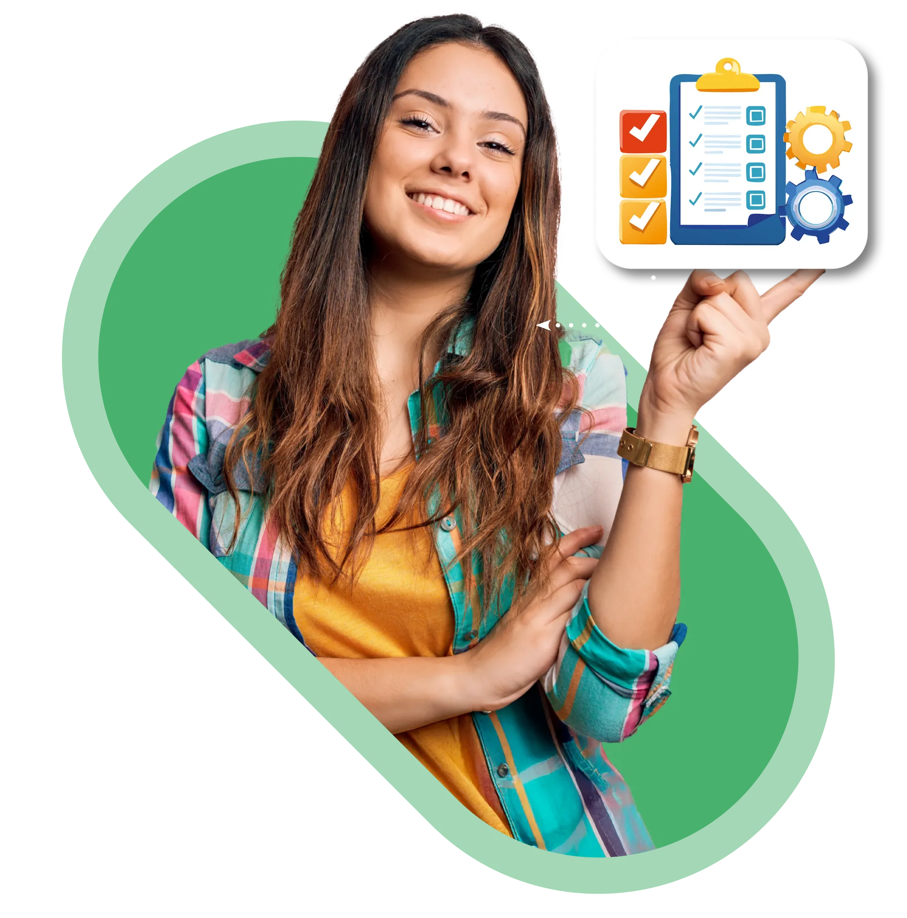 Smiling woman in a plaid shirt holding up an icon of a checklist and gears symbolizing task management or service plans.