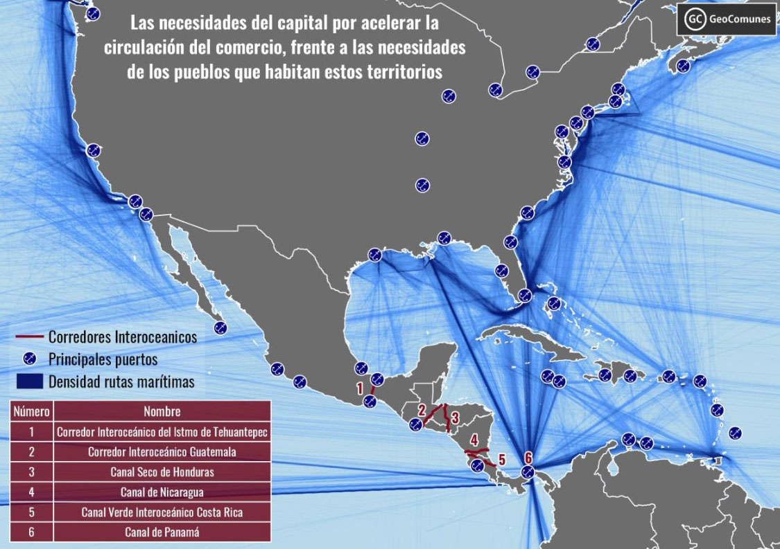Mapá de los corredores y canales secos en América del Norte. Fuete, Geocomunes, 2021. https://radiozapatista.org/?p=34524