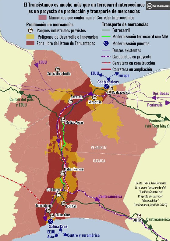 Trazo del proyecto completo con sus áreas de influencia. Geocomunes, 2021. https://radiozapatista.org/?p=34524