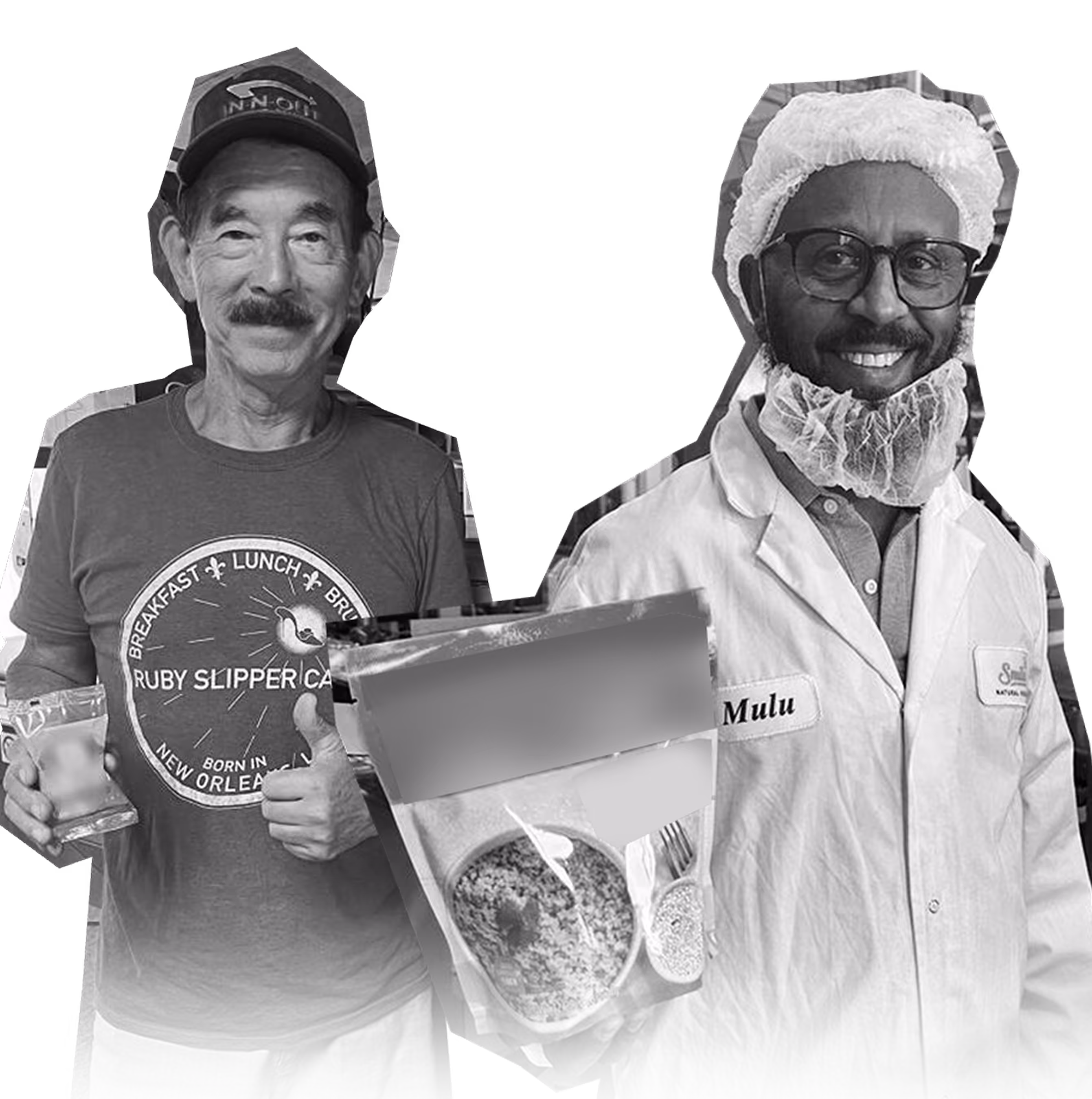 Two men smiling, one wearing a Ruby Slipper Cafe t-shirt holding a drink and a packaged food product, the other wearing a lab coat and hairnet labeled 'Mulu.'