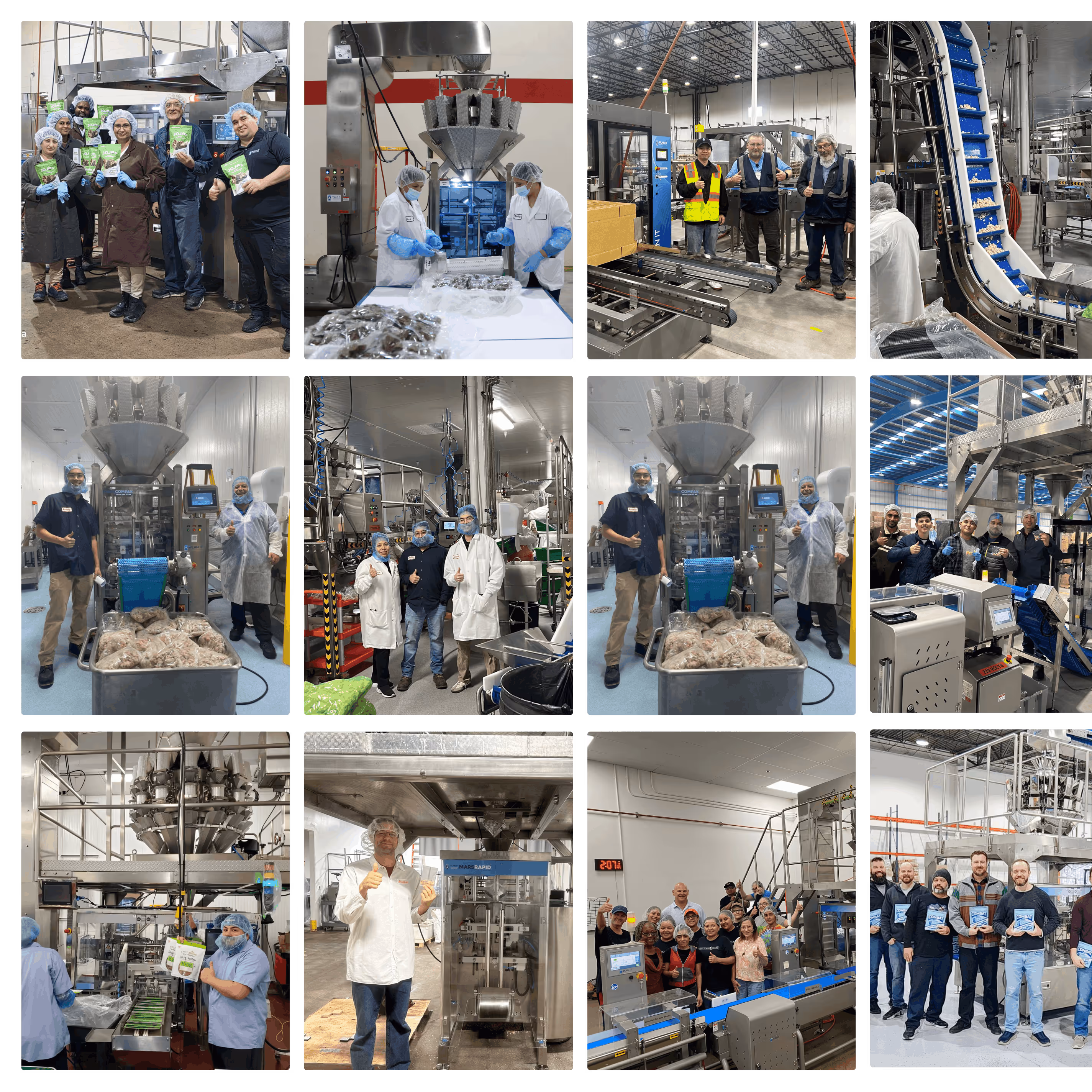 Collage of twelve images showing workers in various food packaging and processing factory settings with machinery and packaged products.