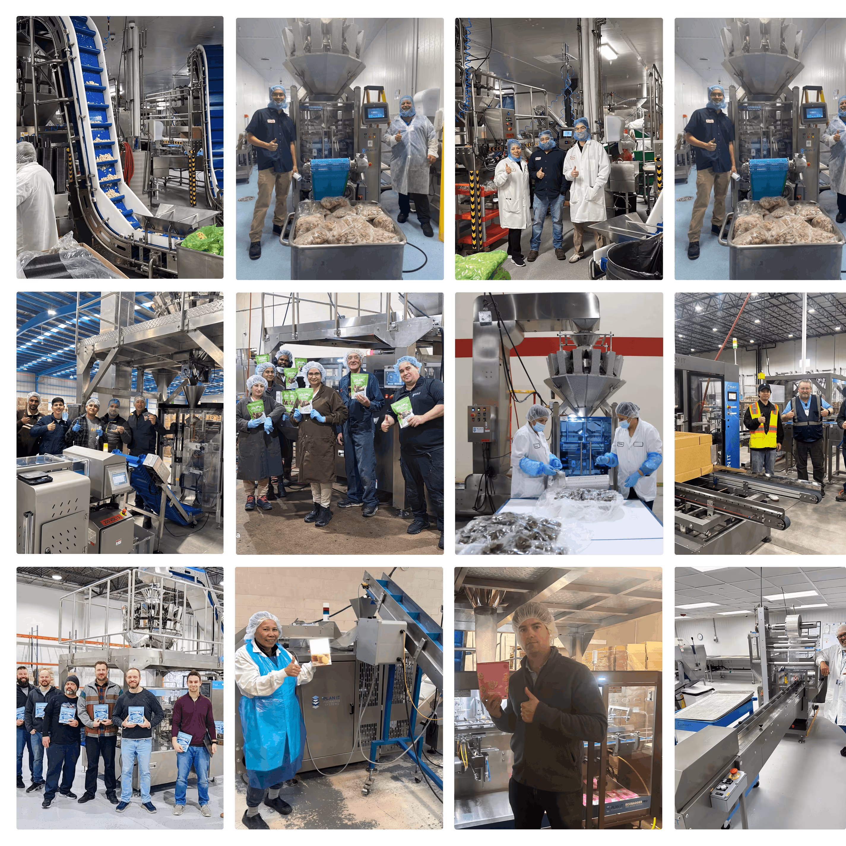 Collage of twelve photos showing factory workers in protective gear posing with packaging machinery and finished packaged products in an industrial setting.