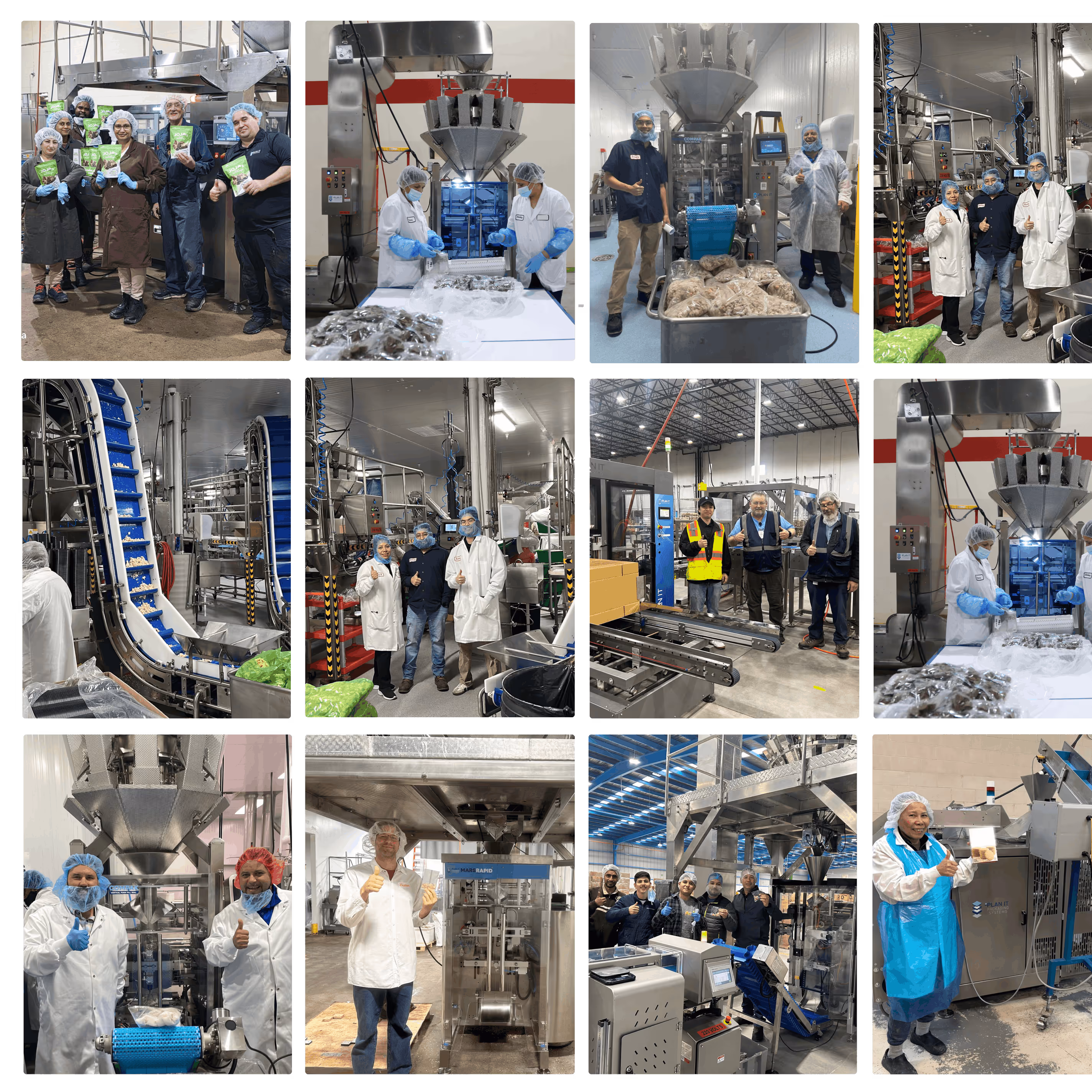 Collage of twelve images showing factory workers in protective clothing operating machinery and packaging products in a food processing facility.