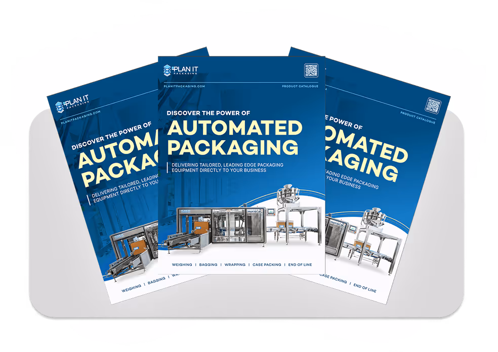Brochures for Plan It Packaging featuring automated packaging machinery and highlighting tailored packaging equipment solutions.