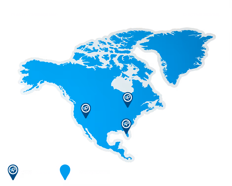 Map of North America showing three active Plan It coverage locations marked with blue map pins, labeled as active locations and coverage areas.