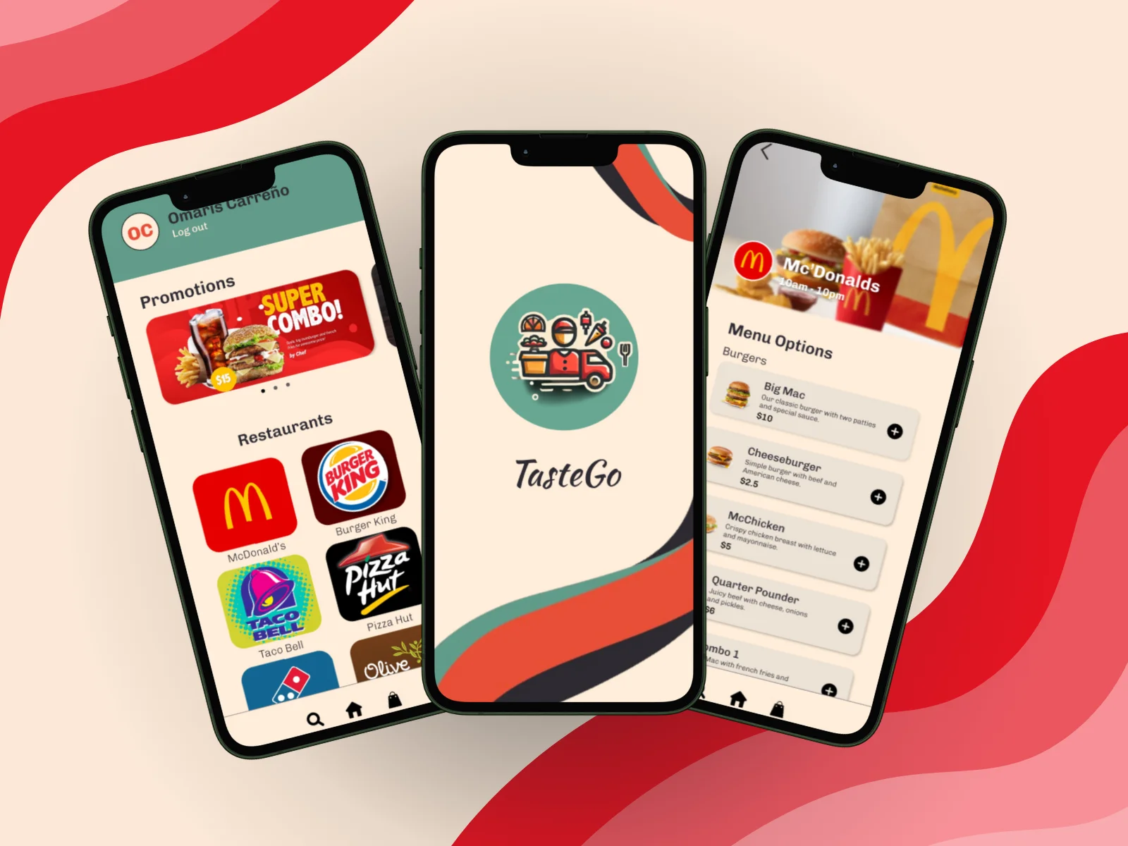 Three phone screens showing a design