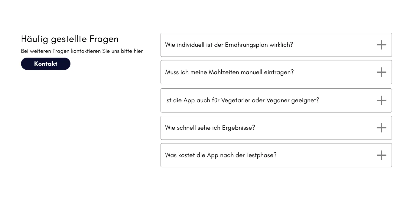 Ein Beispiel einer FAQ Section mit aufklappbaren Fragen