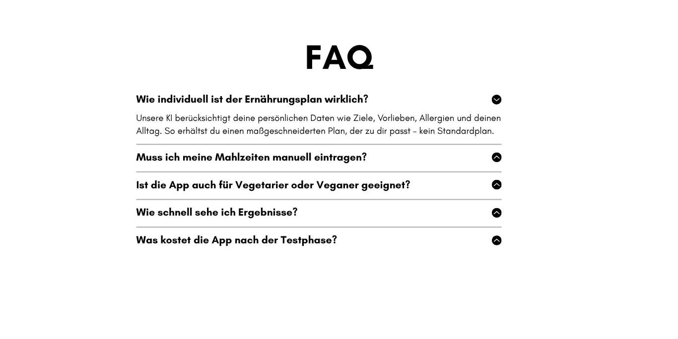 Ein Beispiel einer FAQ Section mit aufklappbaren Fragen