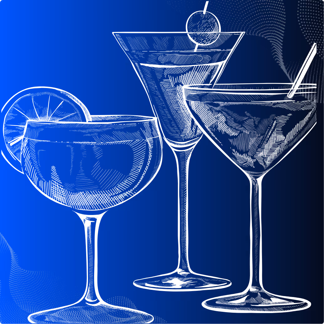 A blue and white image of cocktail glasses
