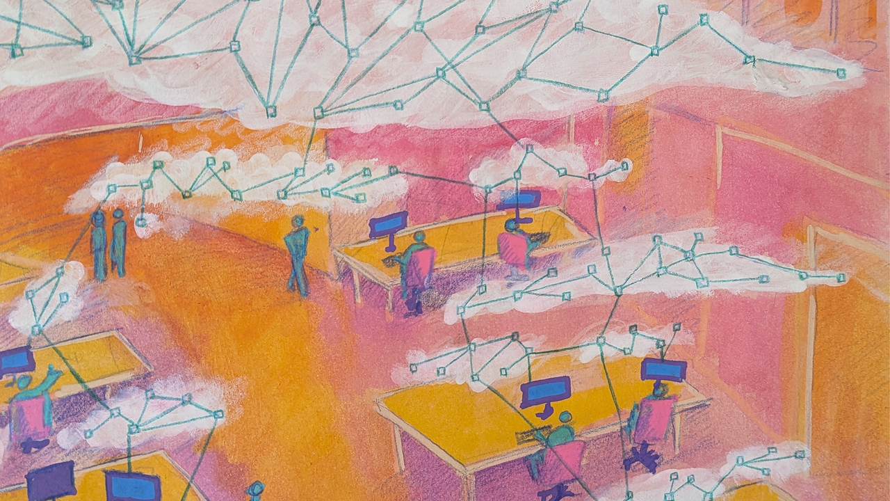 A pink and yellow abstract image of an office with people working, chatting and walking around. Above their heads are clouds of network connections.  It was painted with guache and drawn with pencils. 