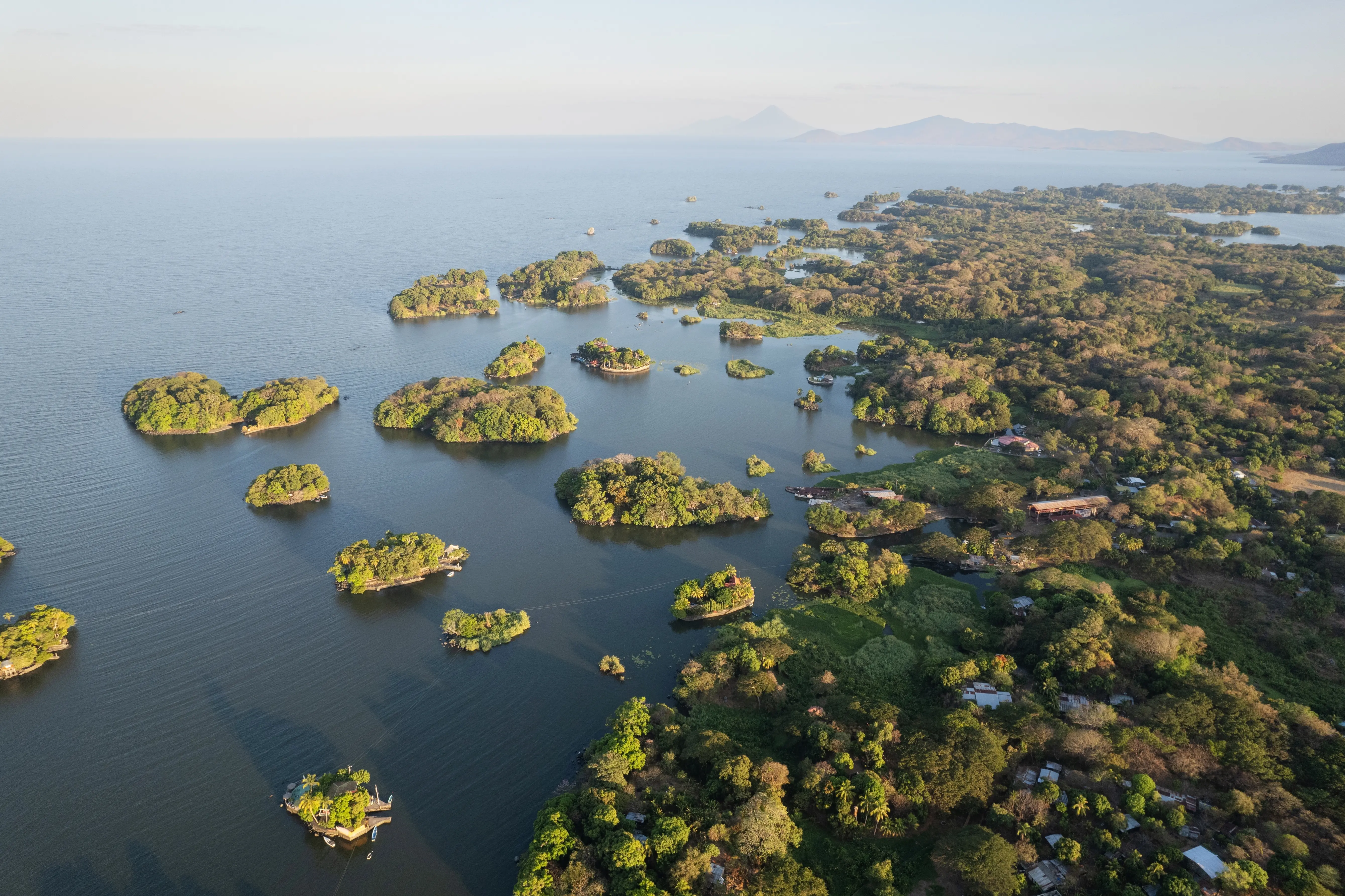 Aerial-view-of-the-beautiful-Las-Isletas-archipelago-on-Lake-Nicaragua-featuring-small-green-islands-scattered-across-the-water
