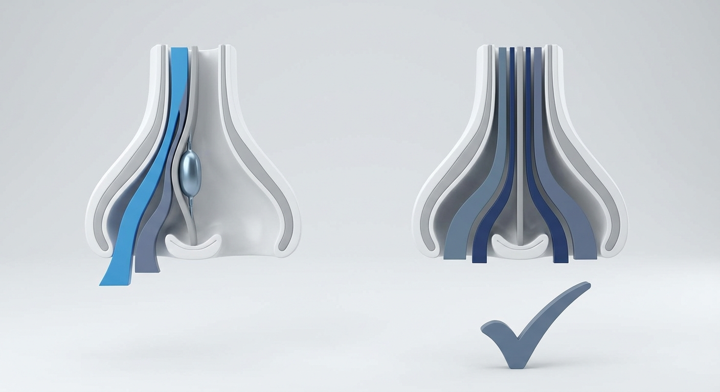 Balloon-assisted septoplasty concept showing straighter septum and symmetric airflow