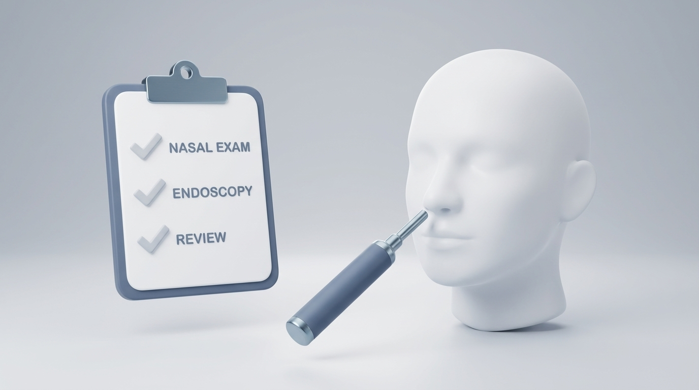 ENT evaluation scene with endoscope approaching nostril and checklist, Slate/Cool Steel, 16:9