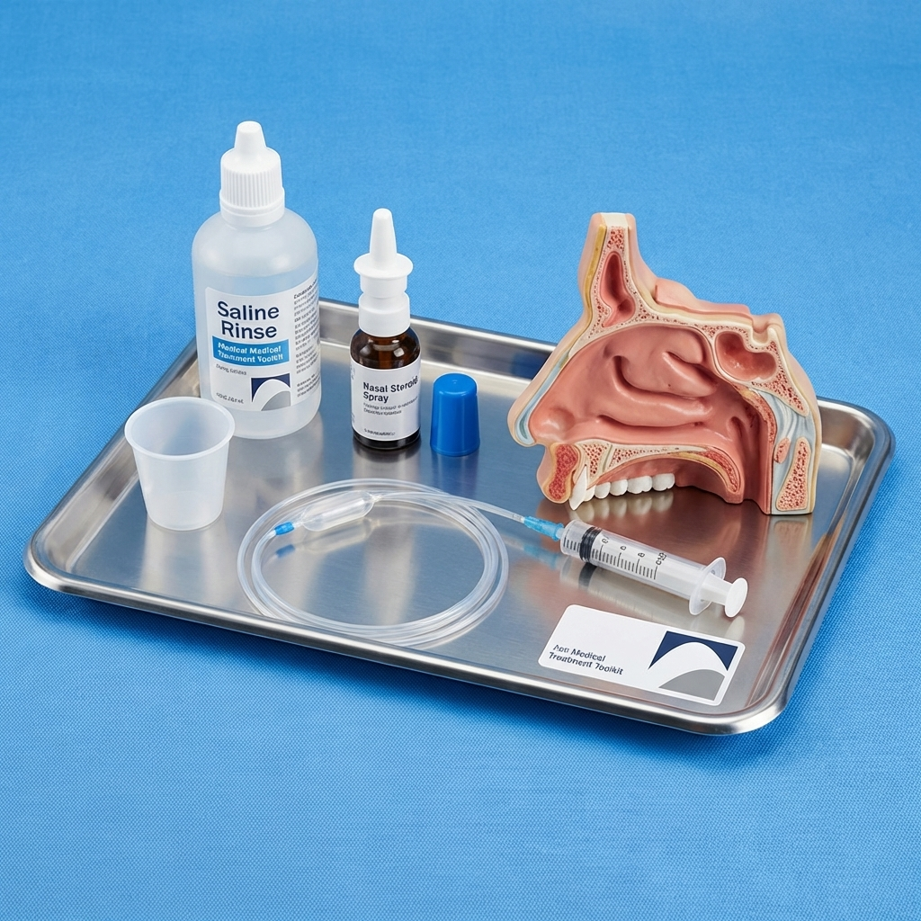 Tray with saline rinse, steroid spray, balloon catheter, septum model