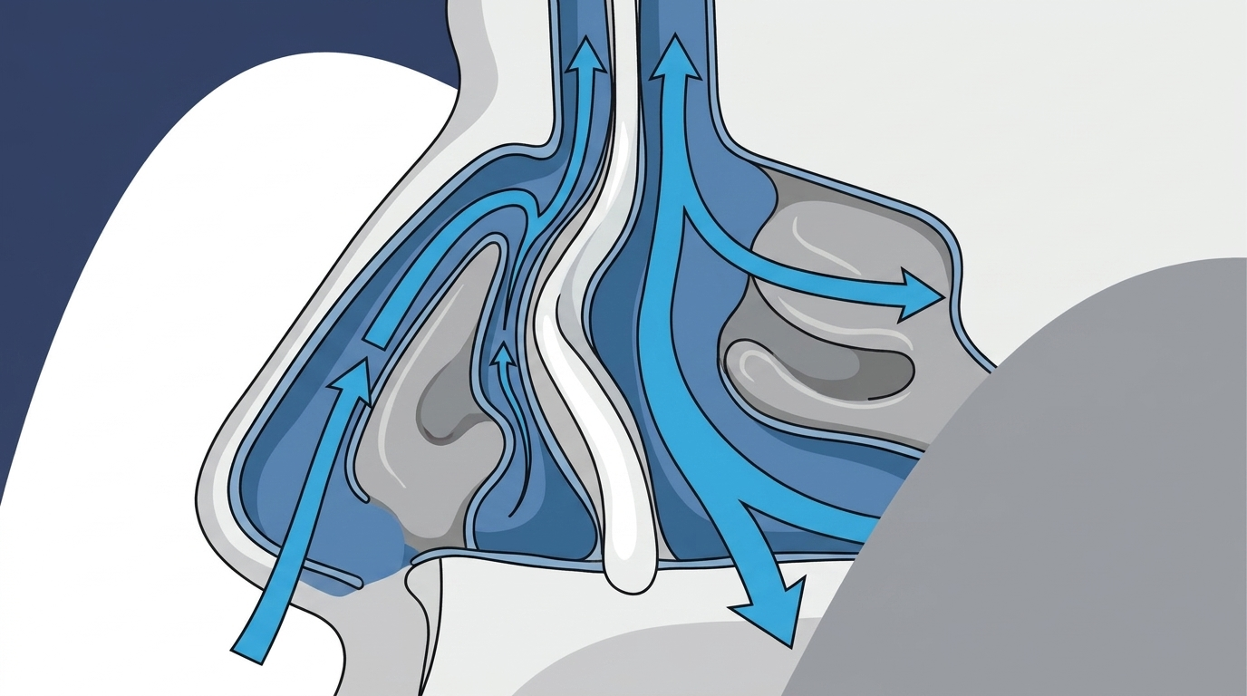 Deviated septum cross-section showing one-sided narrowing and airflow