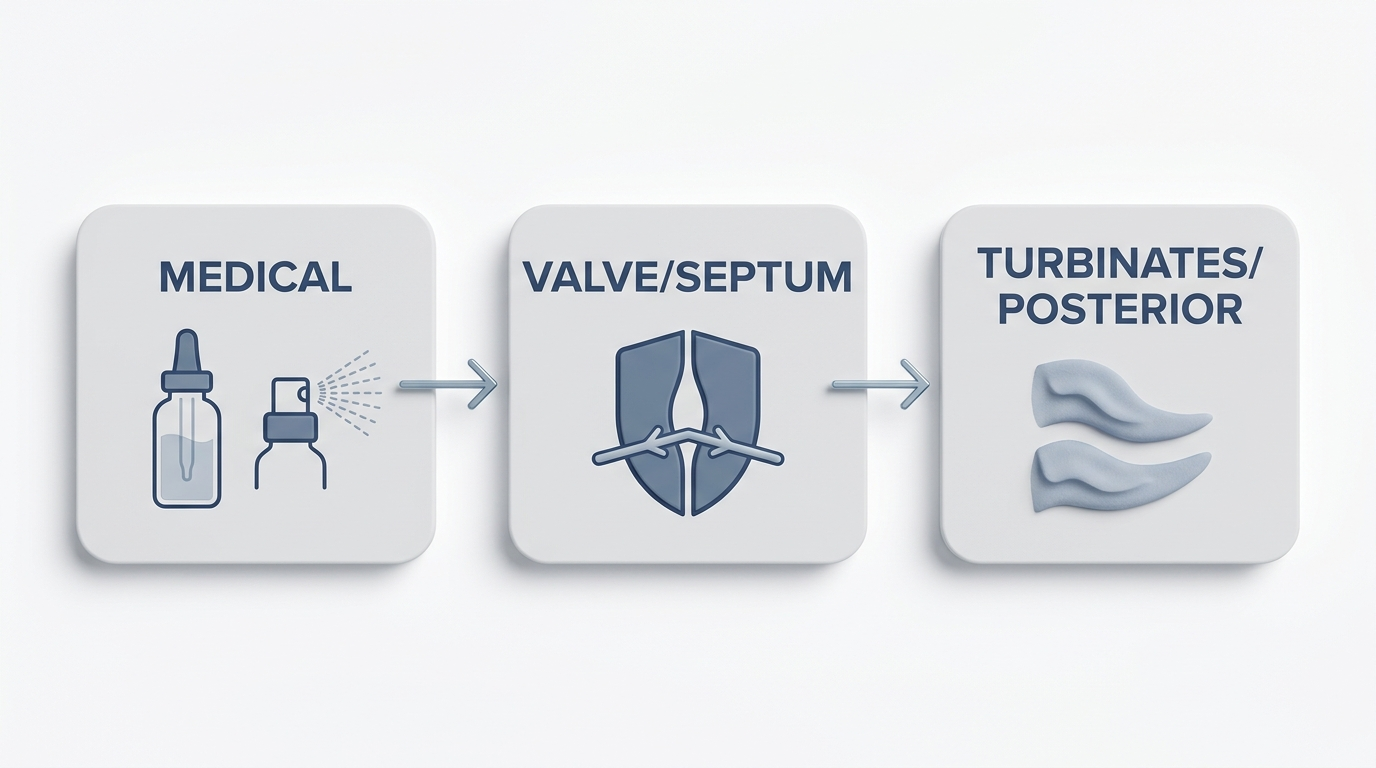 Targeted treatment path: medical, valve/septum, turbinates/posterior