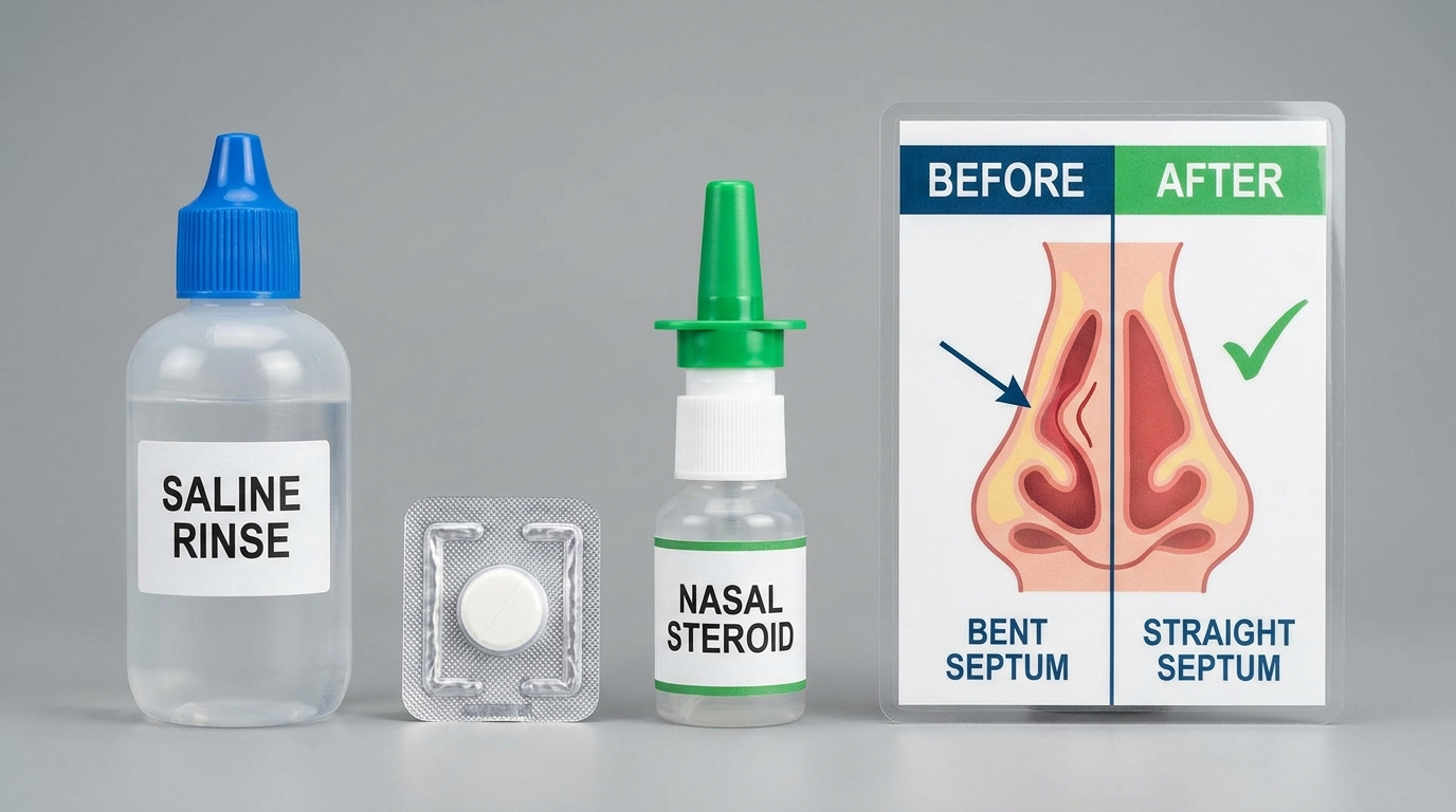 Treatment options: saline, allergy meds, steroid spray, septum before/after
