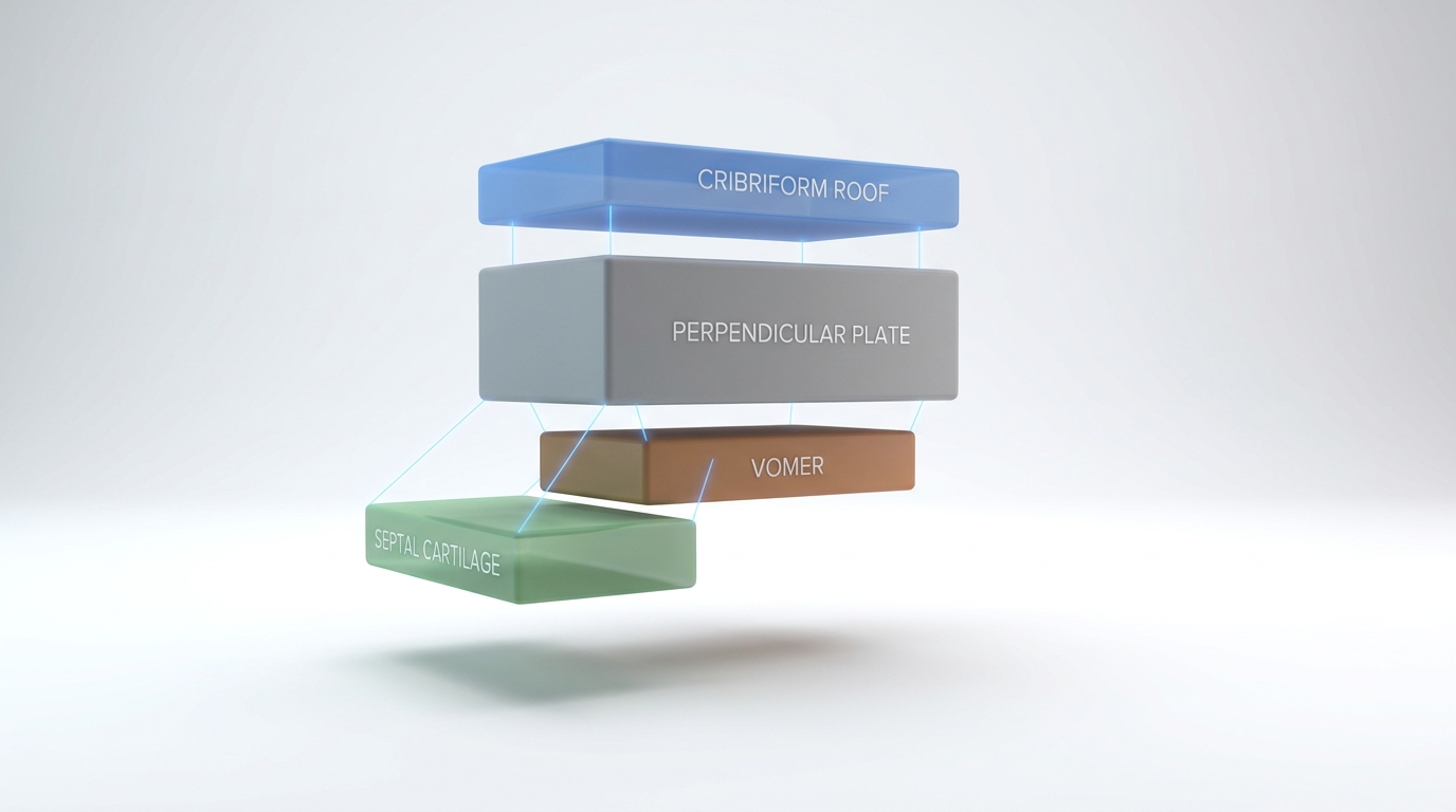 Exploded view of septum components: cribriform roof, perpendicular plate, vomer, septal cartilage