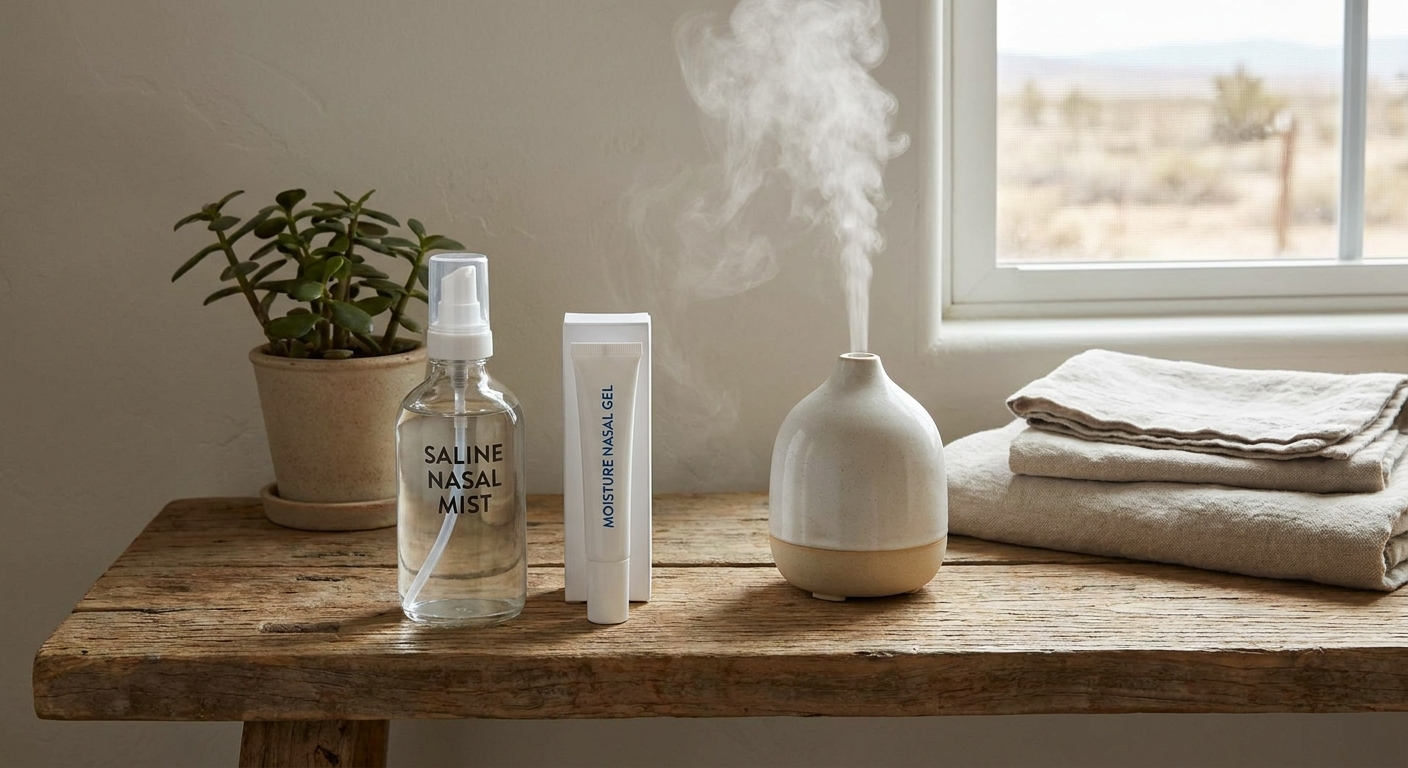 Saline spray, nasal gel, and a compact humidifier representing a moisture routine