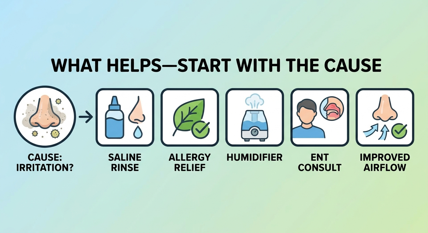 What helps: saline, allergy care, humidifier, ENT consult, nose airflow check