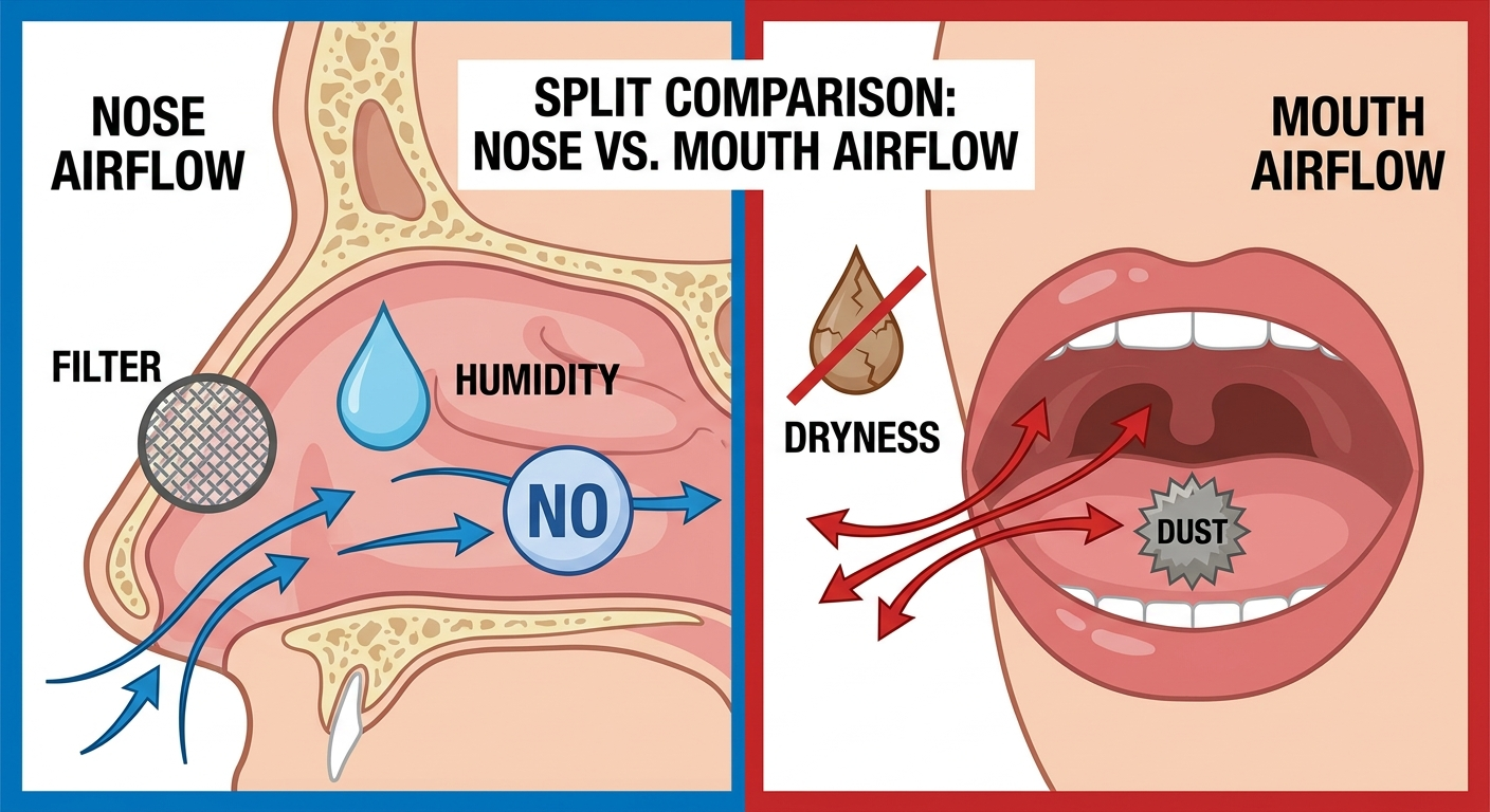 Nasal vs. mouth airflow comparison: nose filters/humidifies vs mouth dryness/dust
