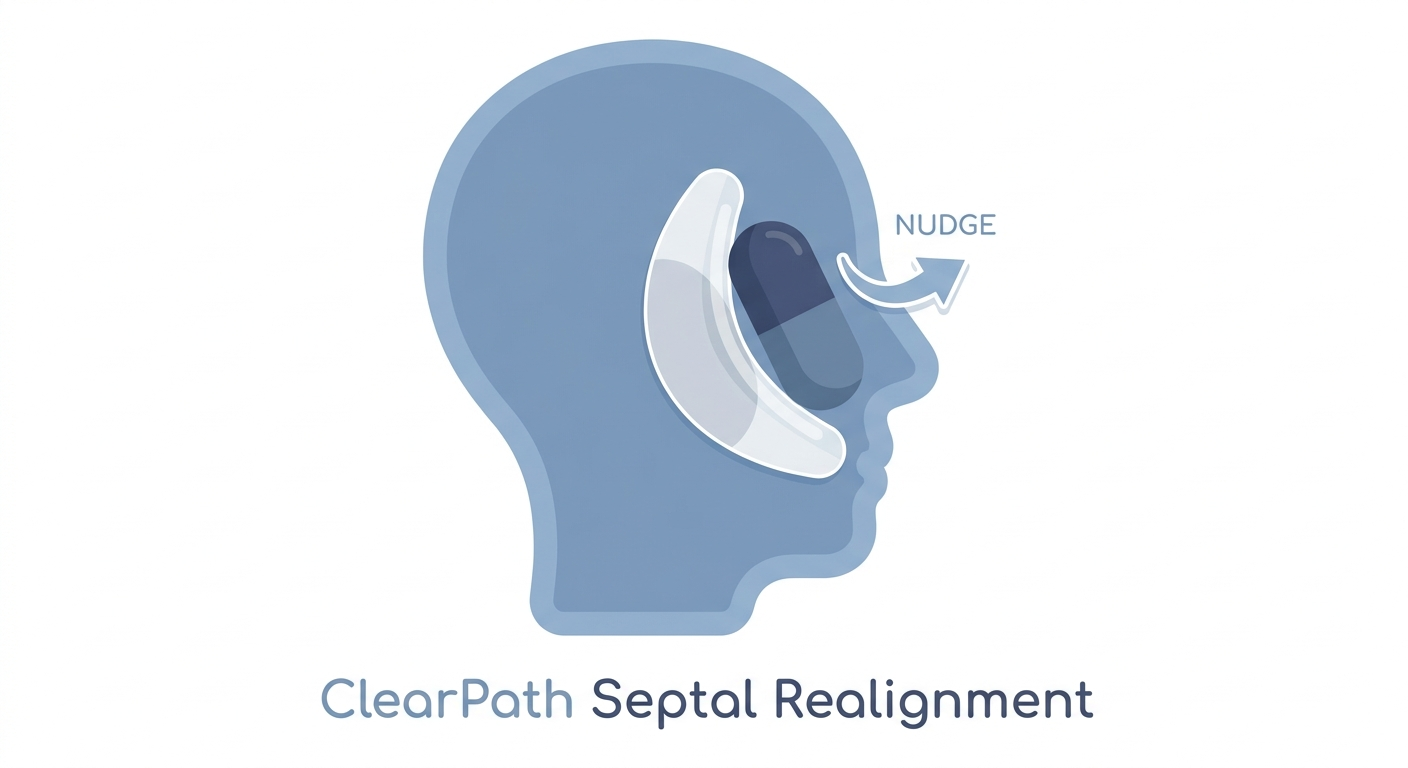 Patient-friendly visualization of balloon-based septal realignment within a head profile.