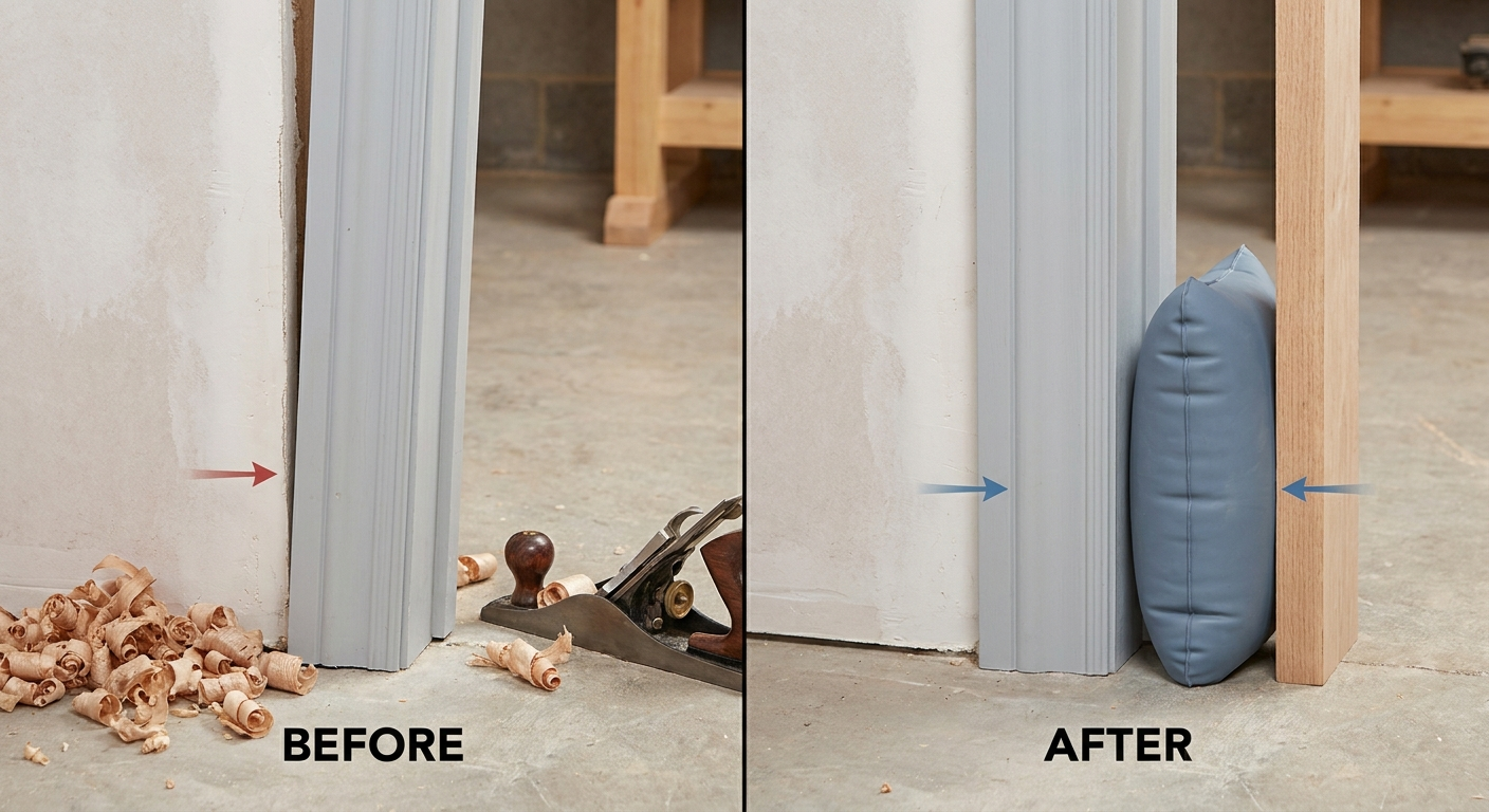 Doorframe analogy: trimming a crooked frame versus a gentle inflatable cushion realigning it.