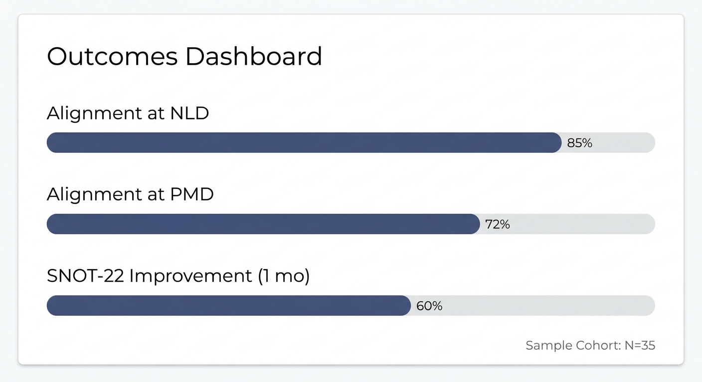 Outcomes dashboard: alignment at NLD, alignment at PMD, and SNOT-22 improvement at 1 month.