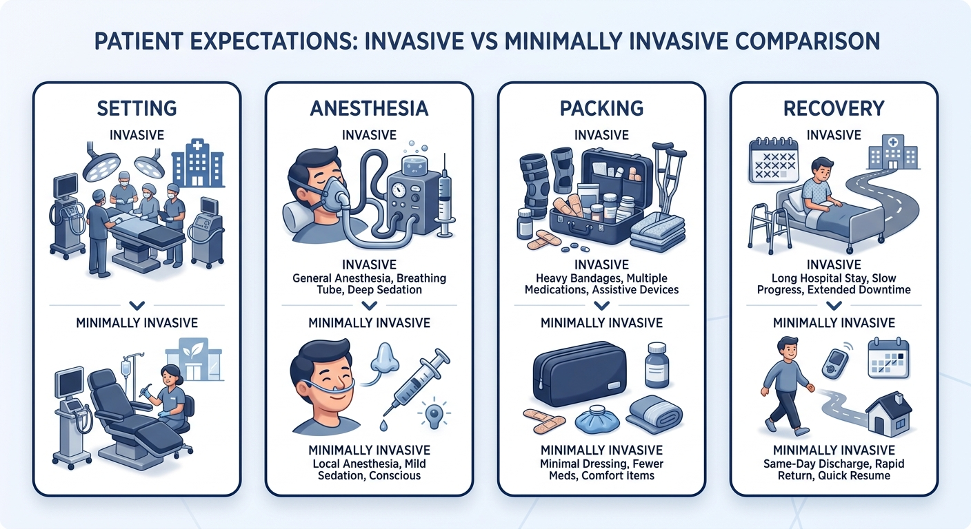 Four-card comparison of setting, anesthesia, packing, and recovery for invasive vs minimally invasive paths.
