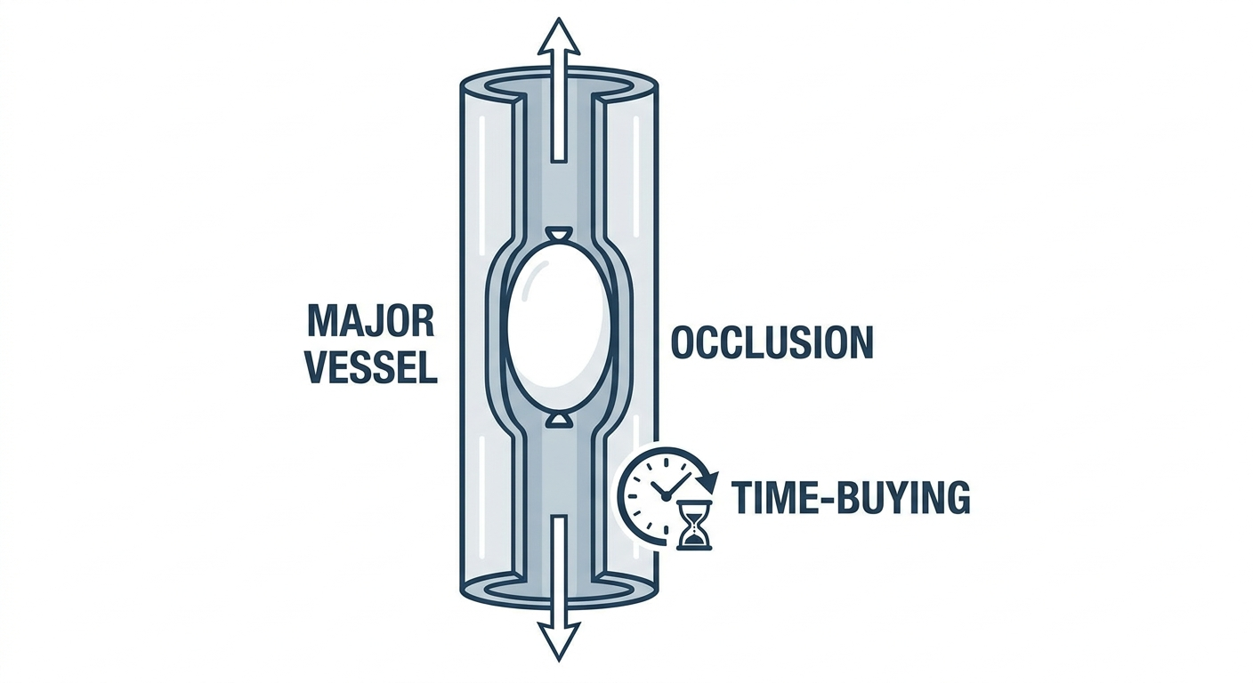 Simplified REBOA: vertical major vessel with a white balloon occluding the center and a tiny clock icon indicating time-buying.