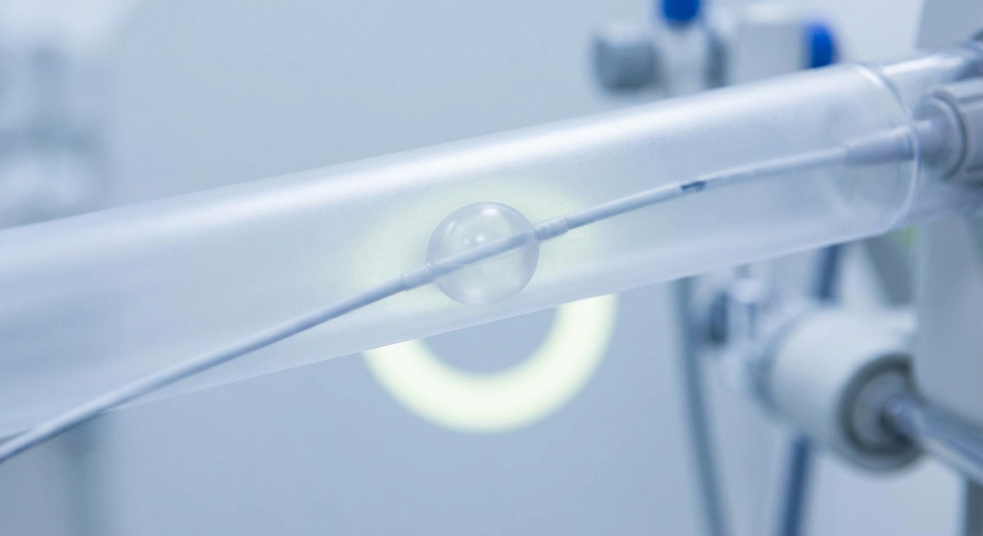 Slim catheter in a semi-transparent passage with a small balloon precisely inflated at one spot, plus a faint larger ghost ring behind it.