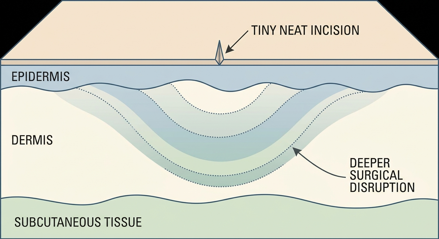 Small surface slit with broad gentle subsurface ripples to show deeper surgical disruption.