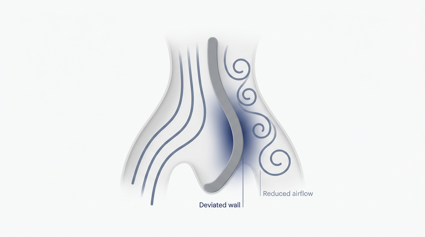 Diagram of a deviated septum narrowing one nasal passage and causing turbulent airflow