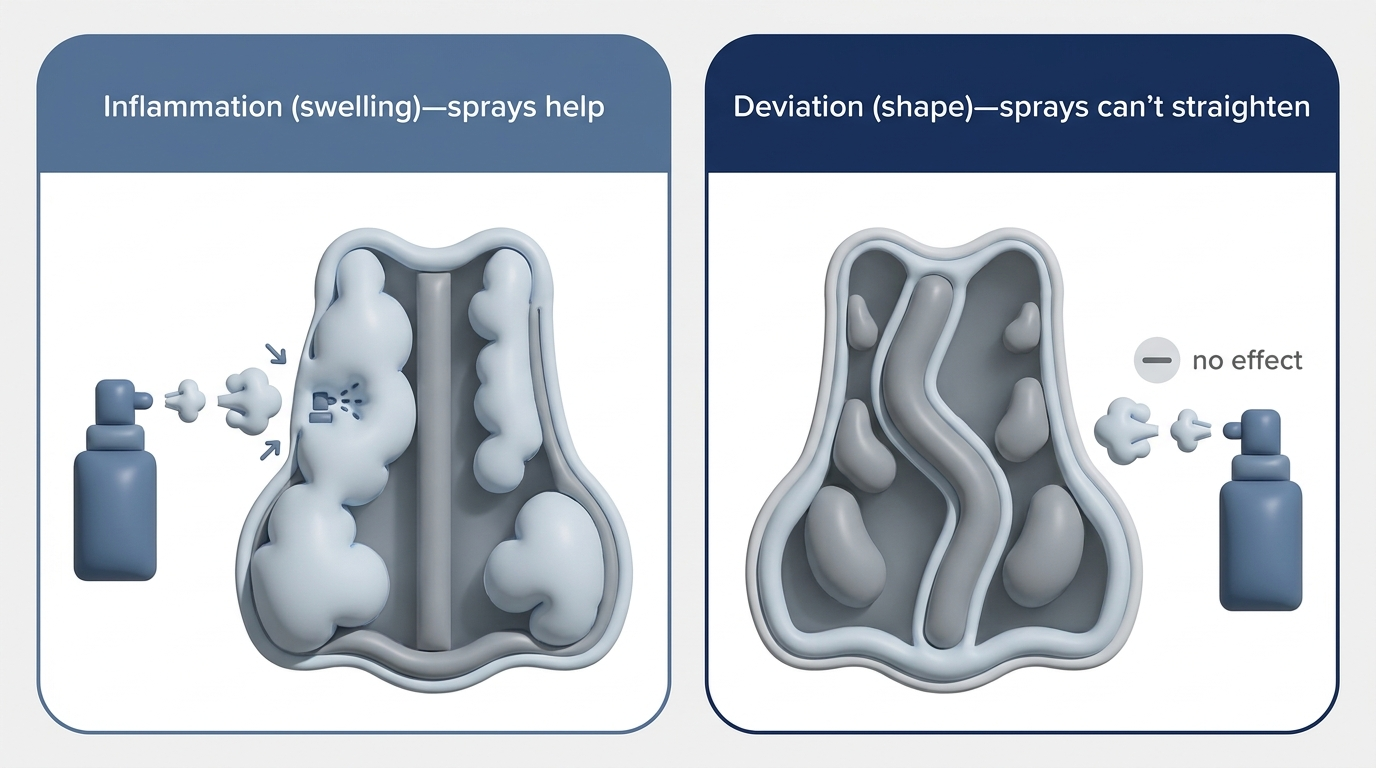 Side-by-side: sprays help inflammation, but sprays cannot straighten a deviated septum