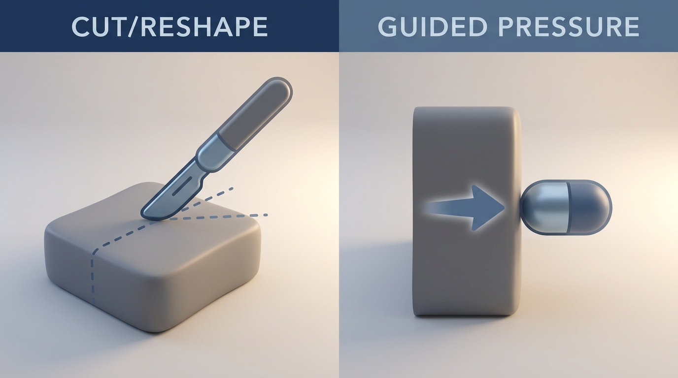 Schematic comparing traditional cutting to ClearPath guided-pressure mobilization
