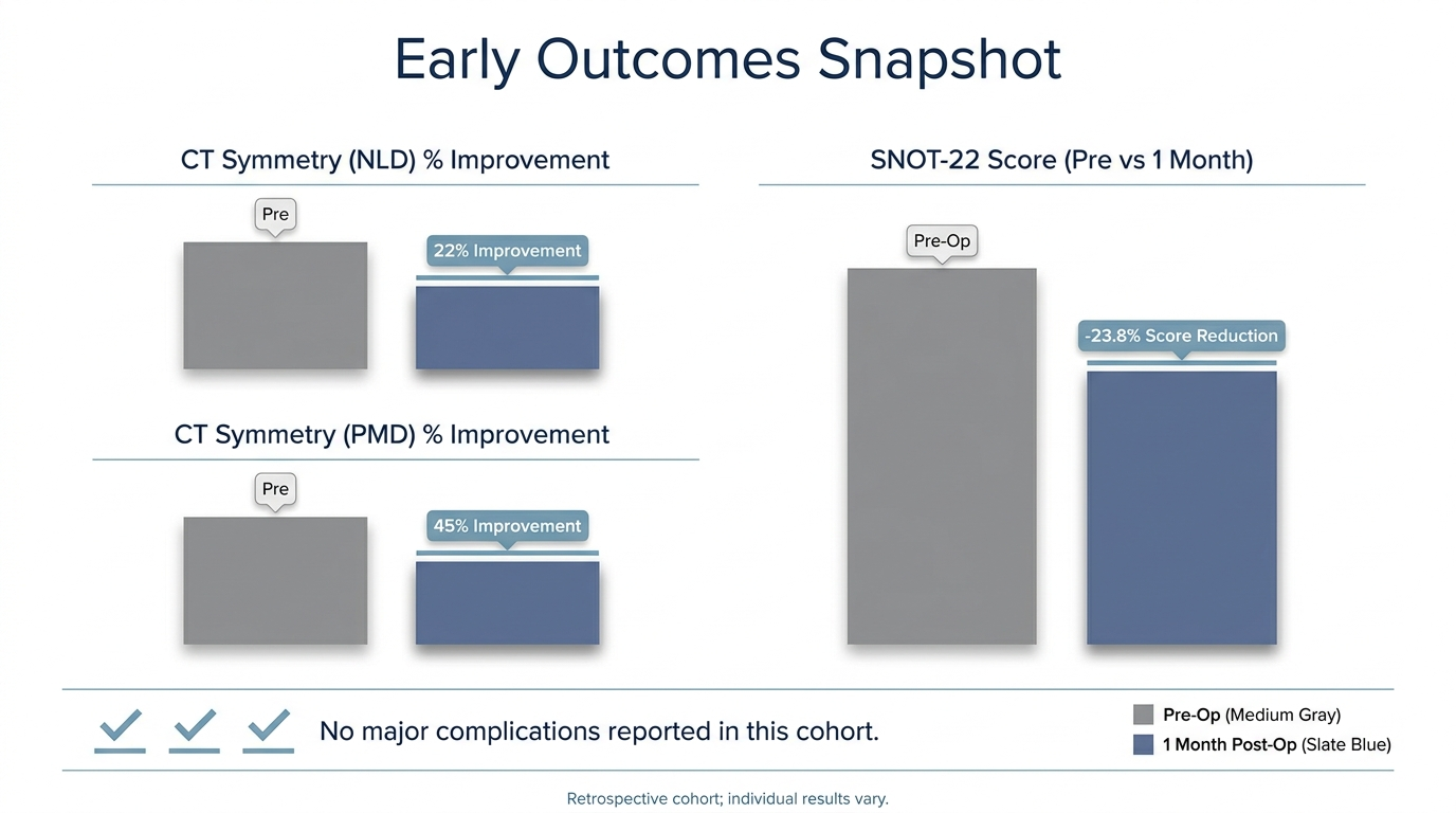 Infographic of early outcomes: CT symmetry improvements and SNOT-22 reduction, with note of no major complications in the cohort