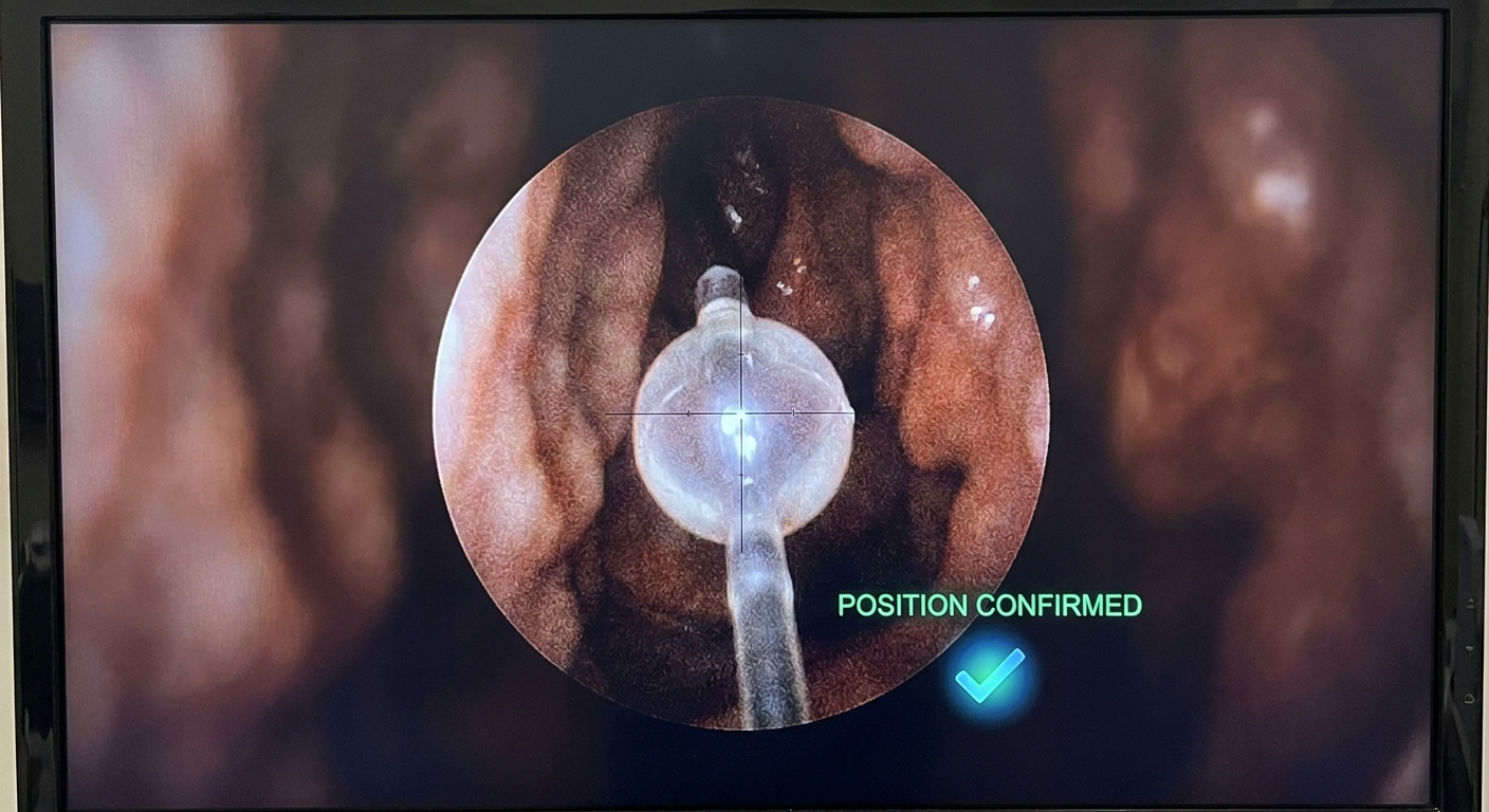 Endoscopic visualization: circular view confirming balloon centered at target with checkmark