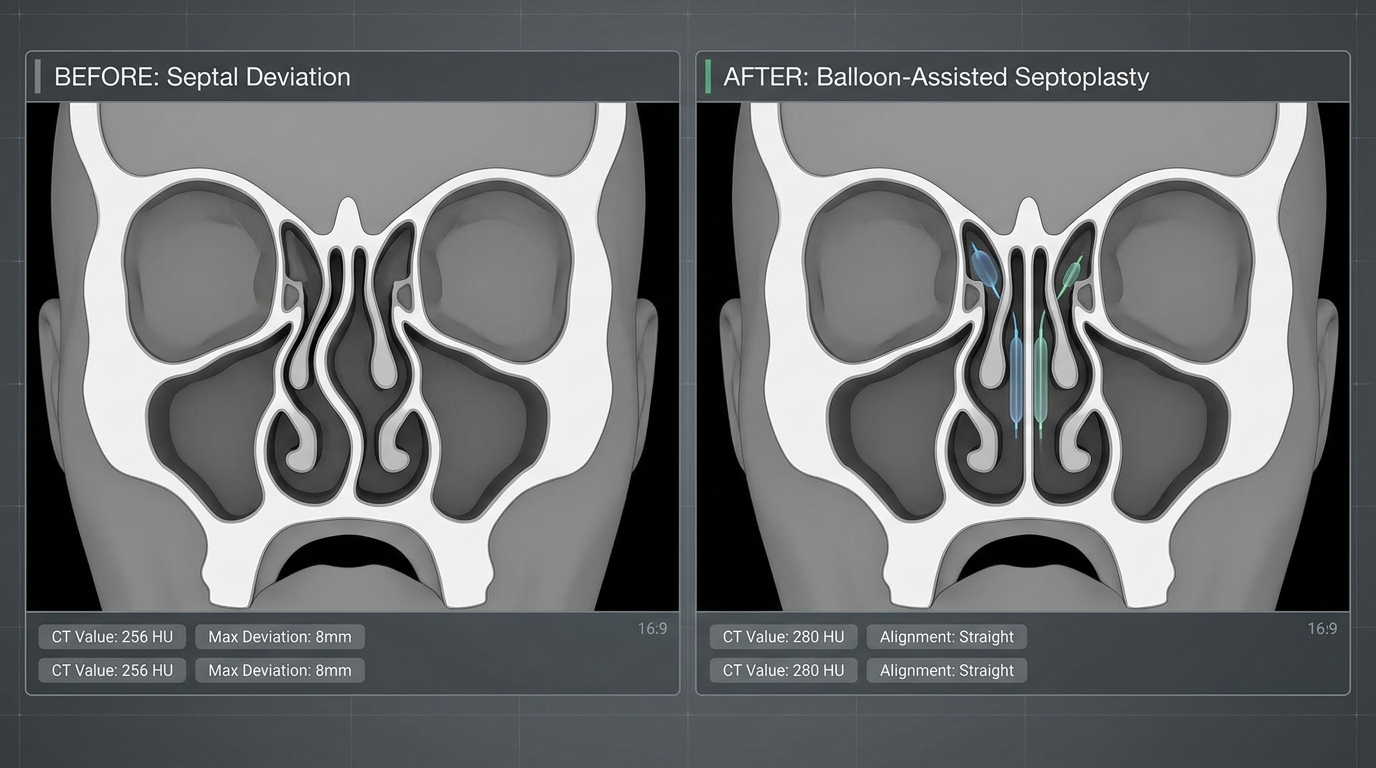 CT-style before/after schematic showing straighter septal alignment after balloon-assisted septoplasty