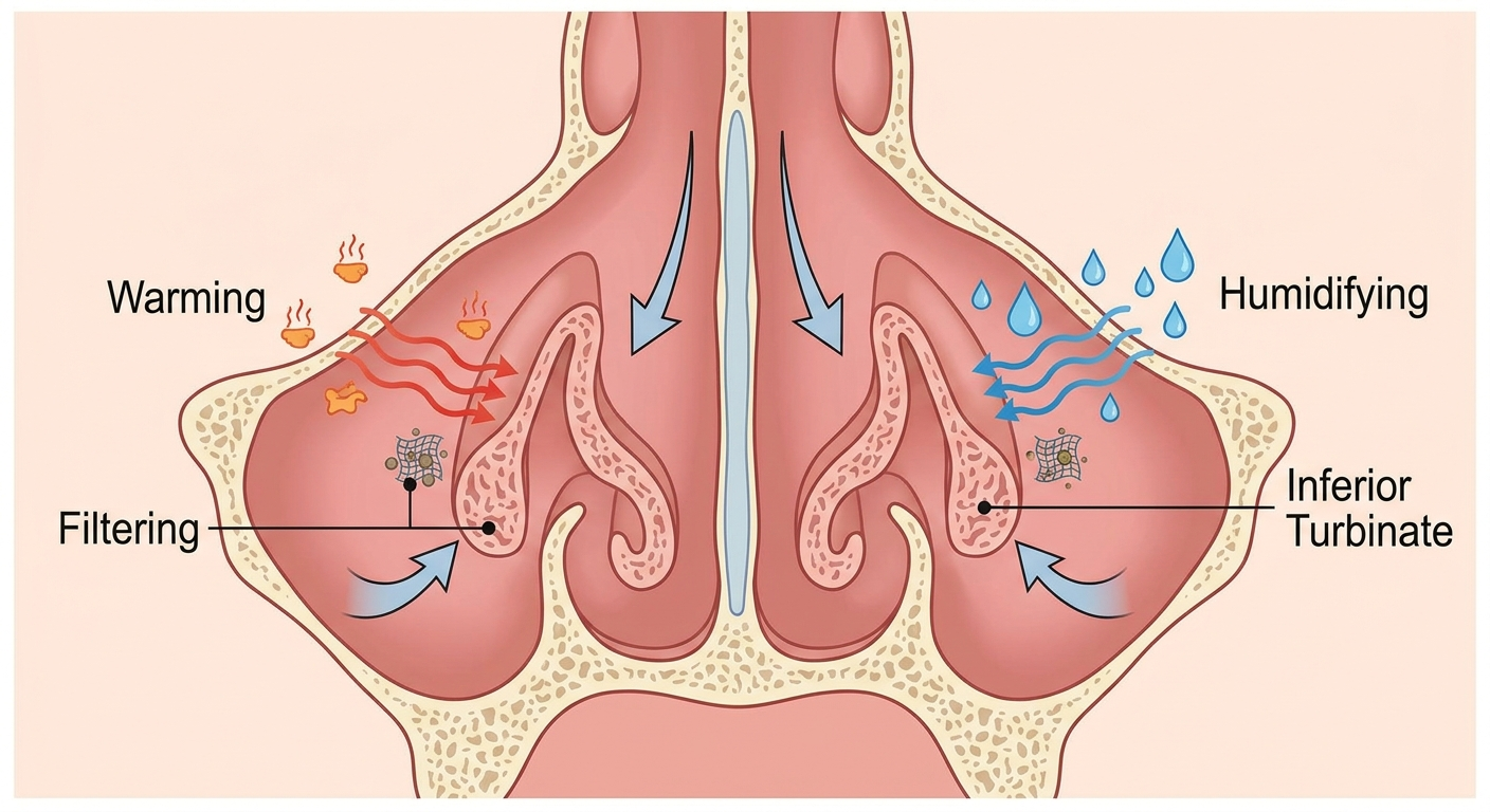 Inferior turbinate function: warming, humidifying, and filtering airflow in a frontal cross-section